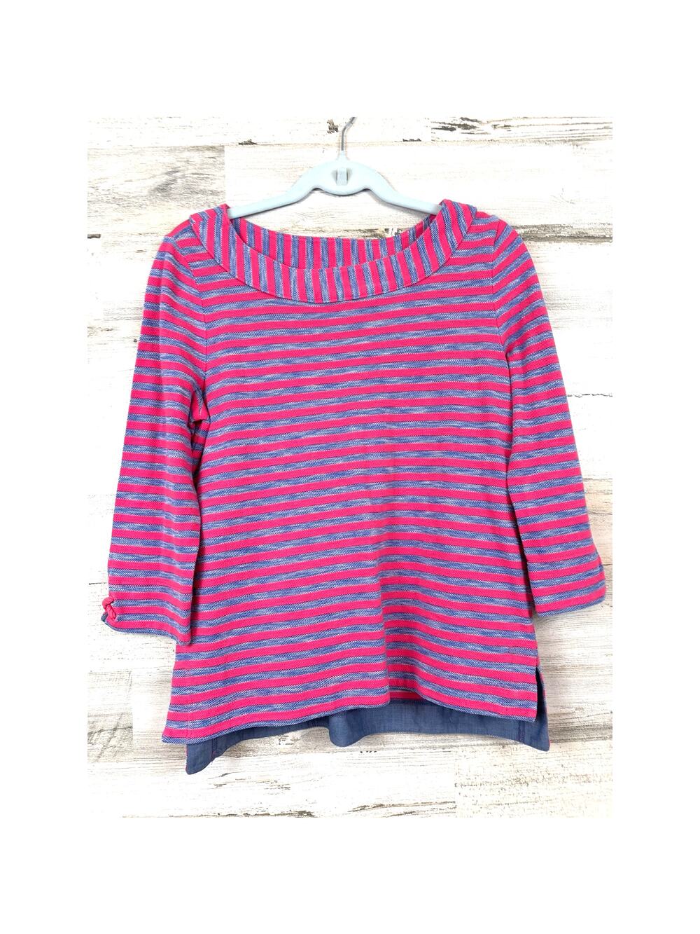 Talbots Womens S Petite Blue Pink Striped Nautical 3/4 Sleeve Cotton Sweatshirt